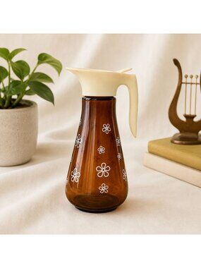 Thatcher Syrup Dispenser Amber Glass Daisy 16 Oz VTG 60s MCM Pitcher Retro Decor